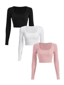 Playera corta de cuello cuadrado para mujer, camiseta casual de manga larga acanalada para primavera y otoño, ropa de mujer para uso diario