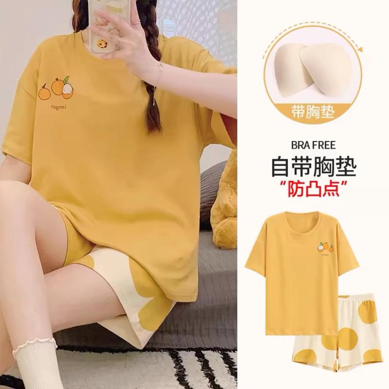 Product Introduction of Pajamas Women's Summer Short Oversleeves Sweet with Chest Pad Korean Cartoon Student Casual Homewear Loose plus Size Summer 32