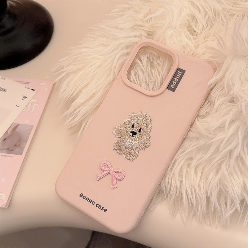 Product Introduction of 【Hot new models】Pink puppy bow tie poodle dog Embroidery art Phone Case For iPhone 16 15 14 13 12 11 Pro Max Case Cute Sweet Cartoon Soft Cover 2