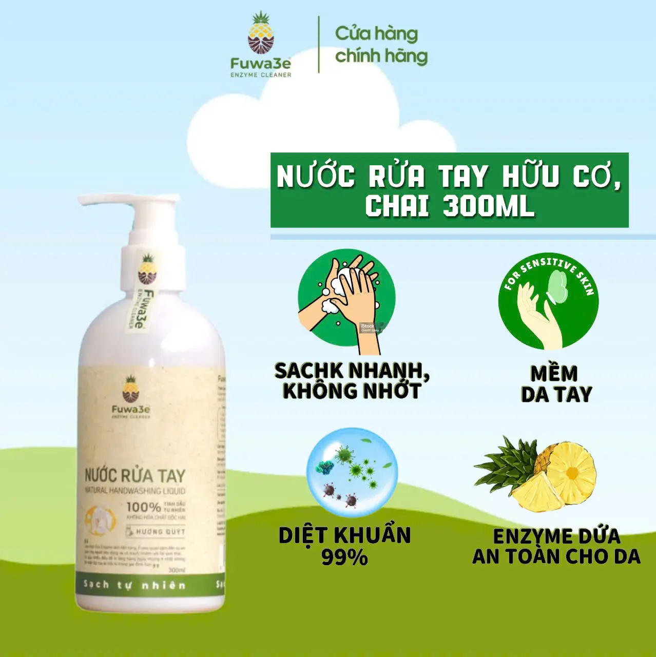 Nước rửa tay hữu cơ Fuwa3 Hương tinh dầu quýt tự nhiên Giúp sạch khuẩn, mềm da tay-An toàn cho da tay bé_300ML