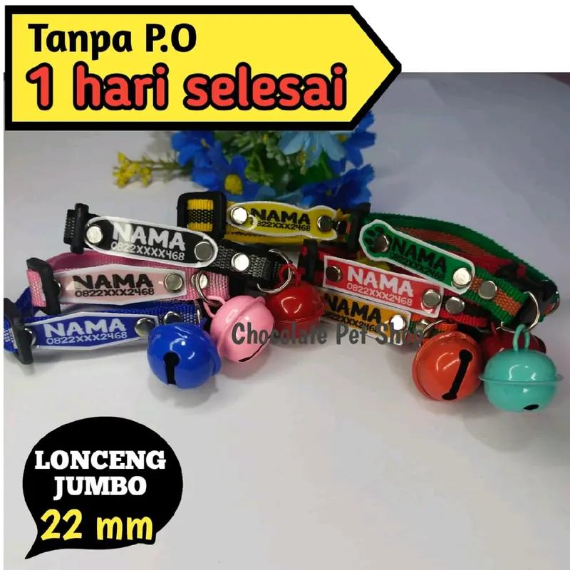 Kalung kucing custom nama, lonceng 22mm 0