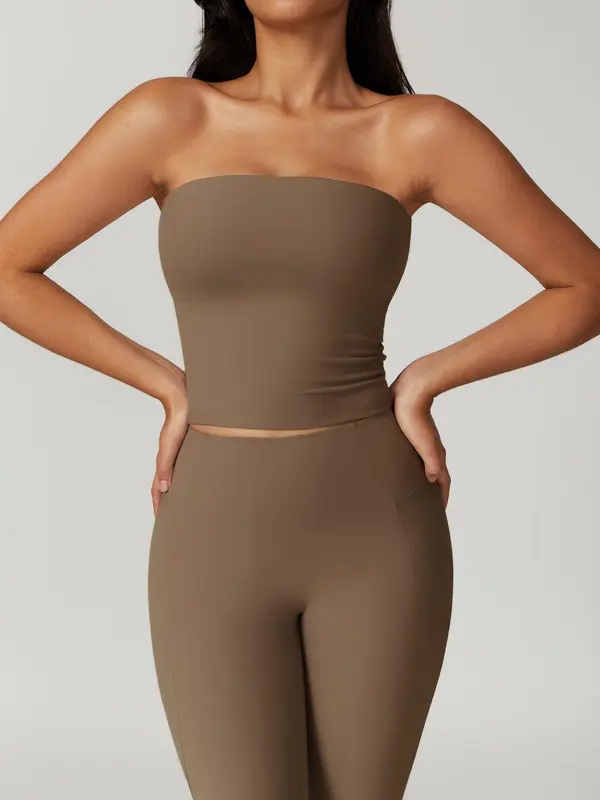 Two-Piece Set Women's Solid Crop Tube Top & High Waist Flare Leg Tracksuit Set, Sporty Breathable Comfortable Outfits for Yoga Gym Workout Running, Ladies Sportswear for Fall 5
