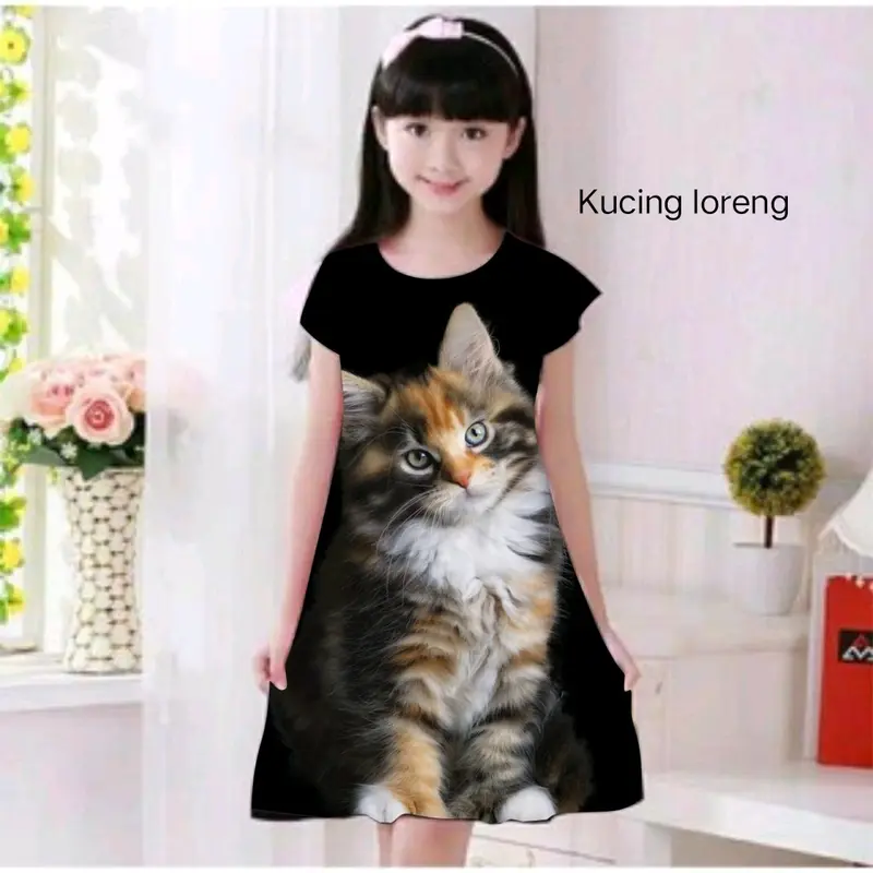 Dress anak motif kucing usia 2-11 tahun 1
