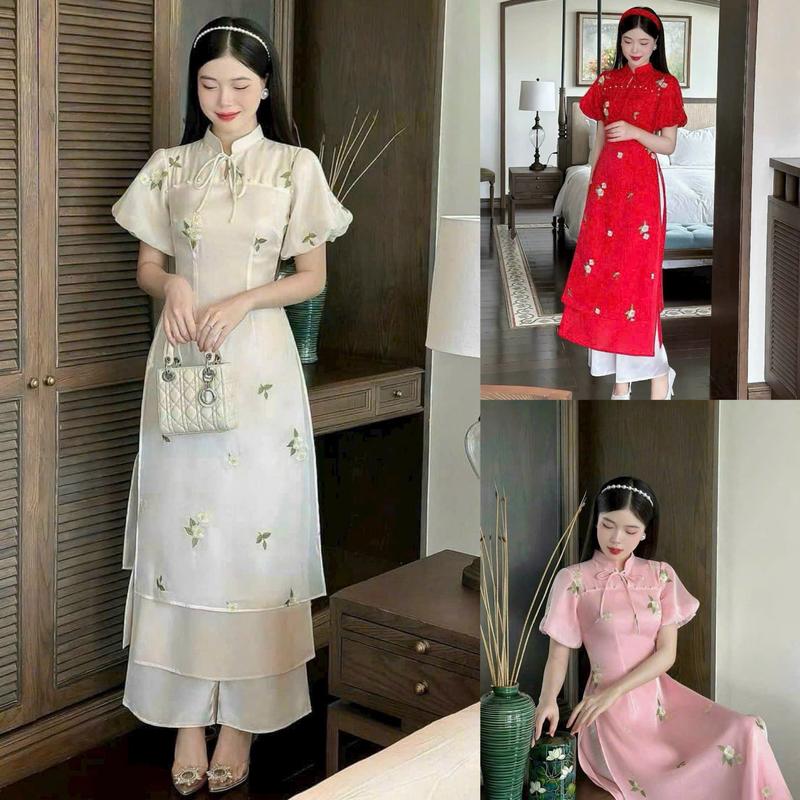 Sét bộ áo dài voan thêu hoa tay bồng cổ cột nơ đính nút ngọc xẻ tà kèm quần dài sang trọng thanh lịch cho nàng mặc tết - Nữ - Women