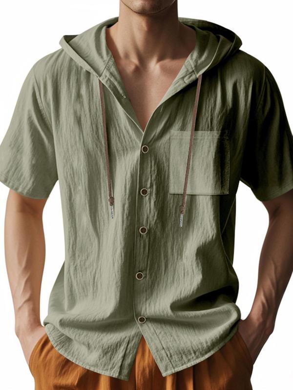 Men's Solid Color Thin Breathable Linen Shirt, Casual Short Sleeve Hooded Top for Summer, Fashion Men's Clothes for Daily Wear, Gamis 6
