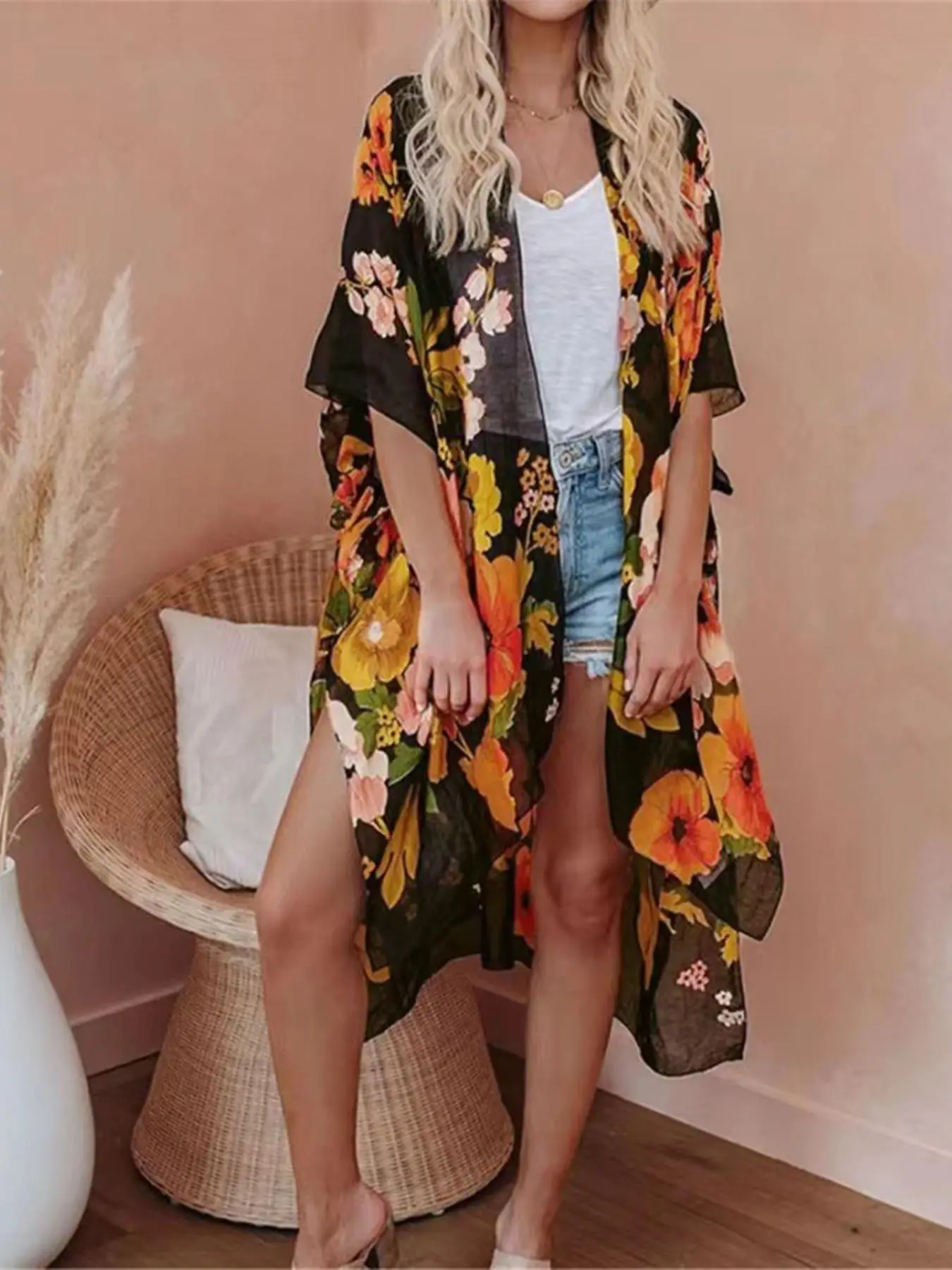 Women's Floral Print Sheer Split Asymmetrical Hem Kimono Sleeve Cover Up, Boho 3/4 Sleeve Open Front Outerwear for Summer, Fashion Women's Clothing for Beach Vacation