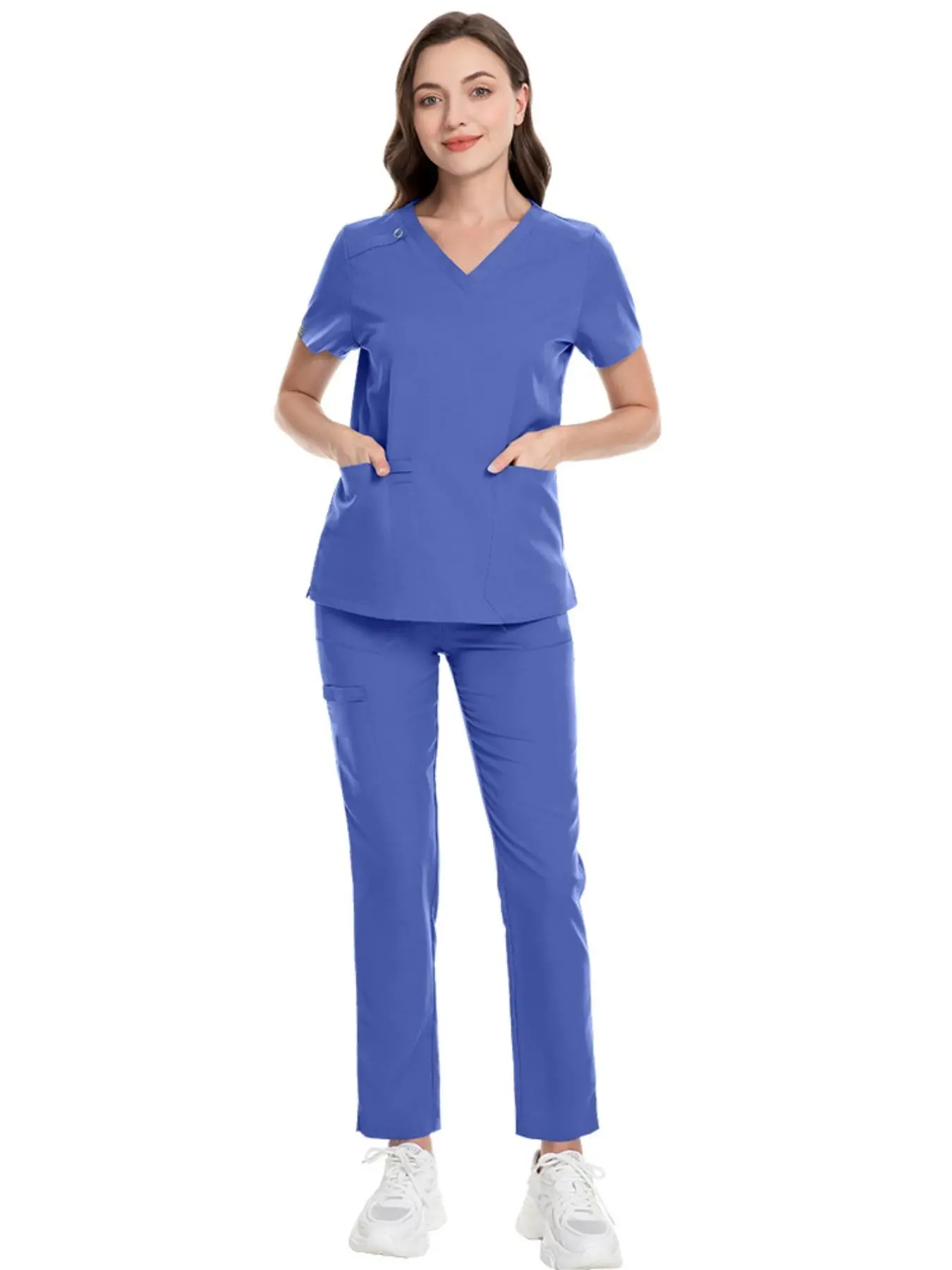 Women's Solid Color V Neck Uniforms Set, Casual Comfy Breathable Top & Pants Set for Daily Work, Women's Uniforms for Hospital