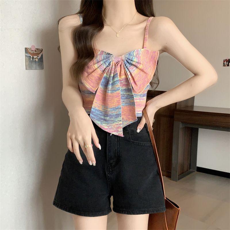 Product Introduction of Sweet and Spicy Style Striped Small Sling Vest Women's Summer Inner Wear Outer Wear Design Sense Niche Bow Sleeveless Short Top turtleneck  tank Lingerie Plaid Spaghetti Strap tank  top camisole  tops baby  tee 27