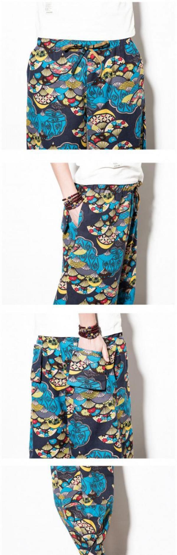 Product Introduction of Wind Cotton Linen Harem Pants Summer Beach Cropped Pants Men's Loose plus Size Bloomers Wind Flower Pants Trendy sweat  shorts jorts  pants linen  shorts  men 13