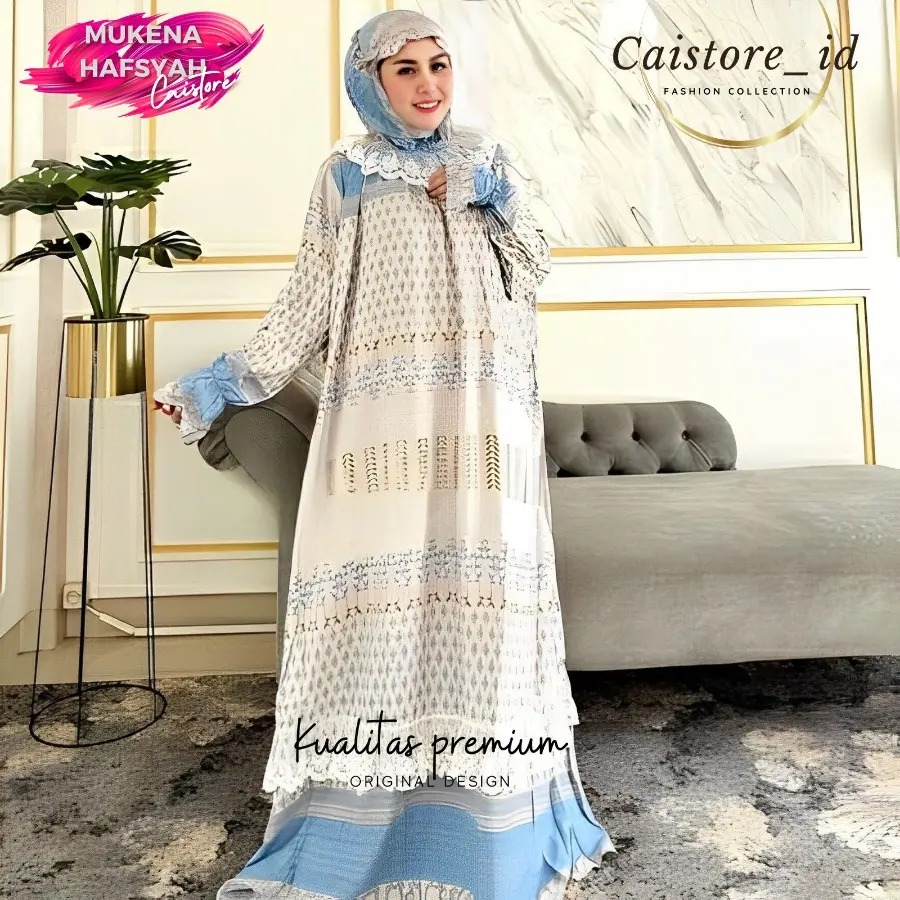 Mukena Hafsyah alfurqon Terusan Kain Rayon Diamond Dewasa Jumbo Panjang Nyaman 2 in 1 Renda Biru Muslim