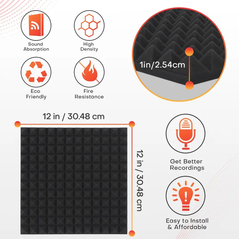 Acoustic Foam Panel, 12pcs/set Acoustic Foam Panels with 60pcs Dot Glue, Sound Insulation Foam Panel for Home Studio,  Guitar Recording Studio, Home Theater 1