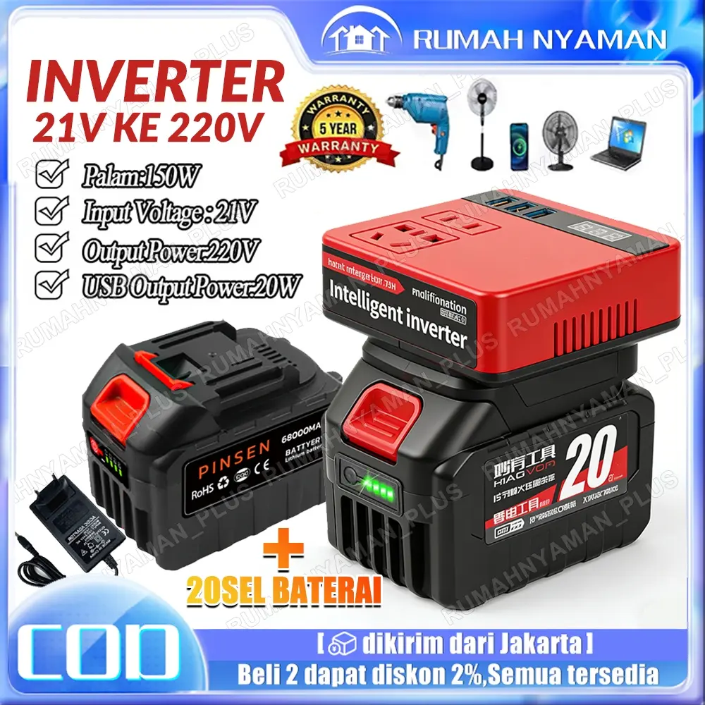 COD[Garansi 5 tahun]15sel Inverter 21v ke 220V 100W - 3 USB Baterai Makita soket konverter daya multifungsi Pengisi daya cepat DIY Inverter