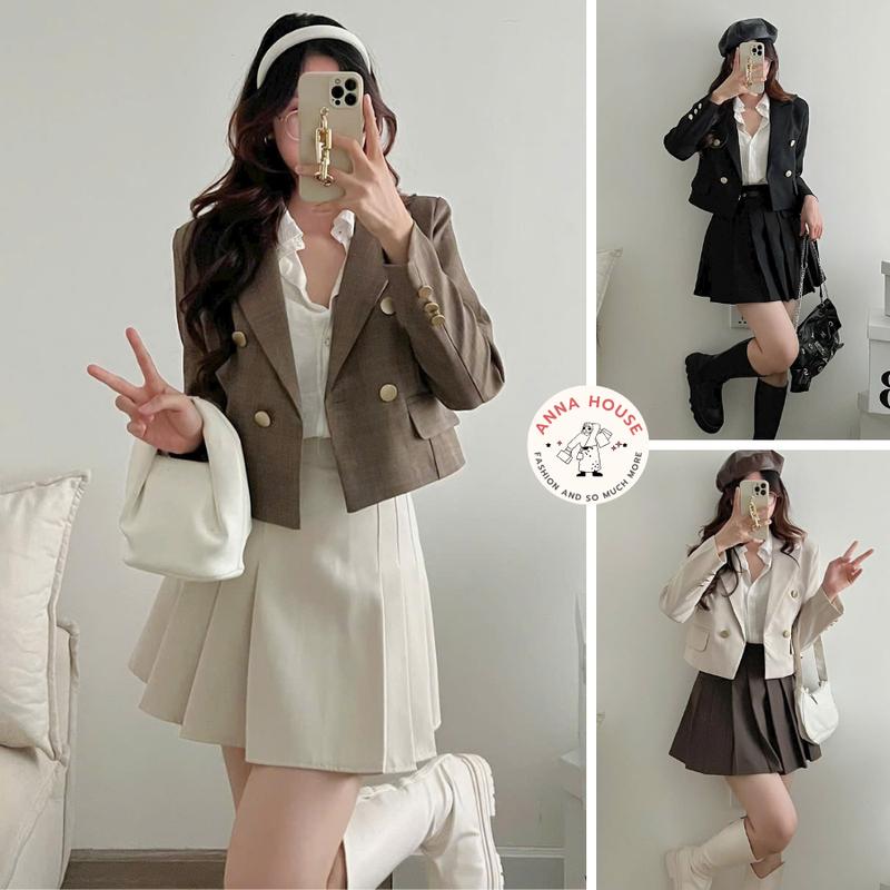  Áo Blazer nữ dáng ngắn croptop tay dài 2 lớp có đệm vai Áo khoác ngoài blazer nữ cổ vest dài tay form croptop Jacket aokhoac big 