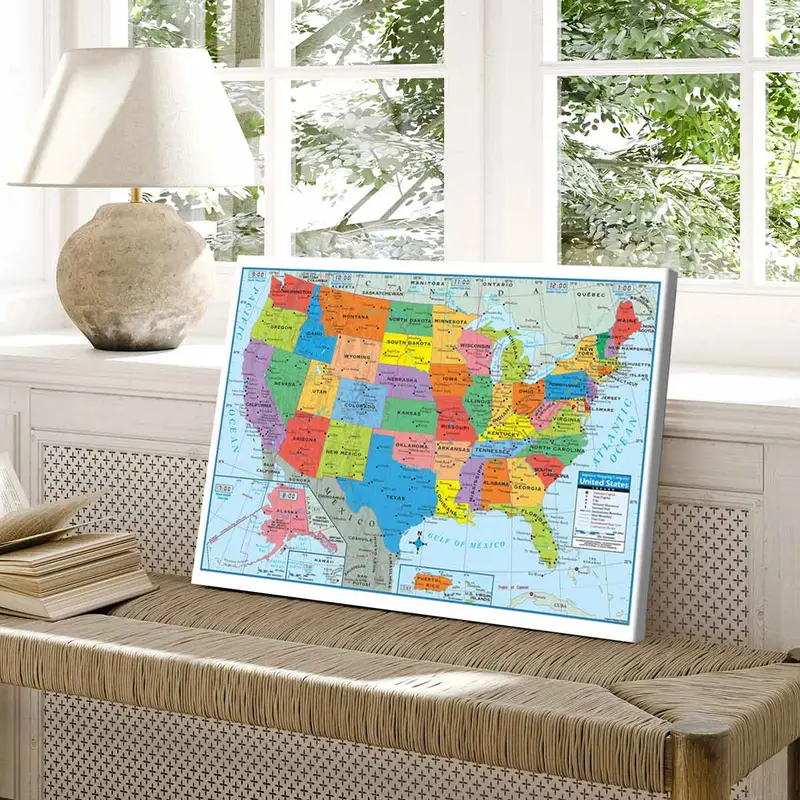 Wooden Framed Canvas Map Of The United States Poster, Modern Art Decoration, Pattern Wall Art Decor, Frame Painting for Living Room, Bedroom, Office, Restaurant Wall Decor 8