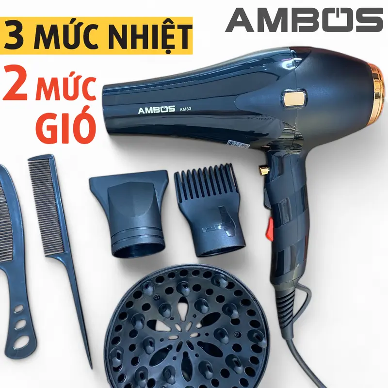 Máy sấy tóc Ambos bản Cao Cấp AM83 sấy 3 mức nhiệt nóng lạnh, ion âm và ánh sáng nano xanh giúp mượt tóc chống khô xơ, có chế độ ngắt bảo vệ quá nhiệt, lực sấy mạnh, bảo hành đổi trả toàn quốc 0