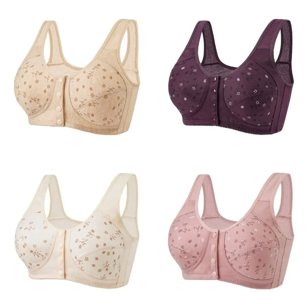 Support Bra Comfortable Daisy Bras for Older Women Breathable Convenient Front Close Button Cotton Bras Plus Size Widened Shoulder Straps Women Lingerie Underwear