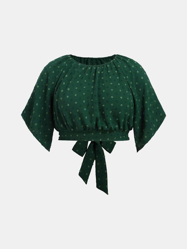 CURVZY Plus Size Polka Dot Jacquard Blouse, Casual Half Sleeve Round Neck Top for Summer, Women's Plus Clothing for Daily Wear 2