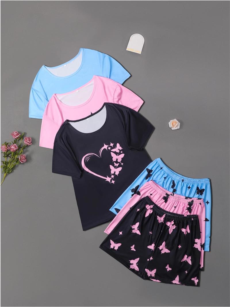 Product Introduction of 6 Counts Women's Butterfly Heart Print Tee & Shorts Pyjama Set, Casual Comfy Round Neck T-shirt & Shorts Pj Set, Matching Pajamas, Sleepwear & Loungewear Set for Women 12