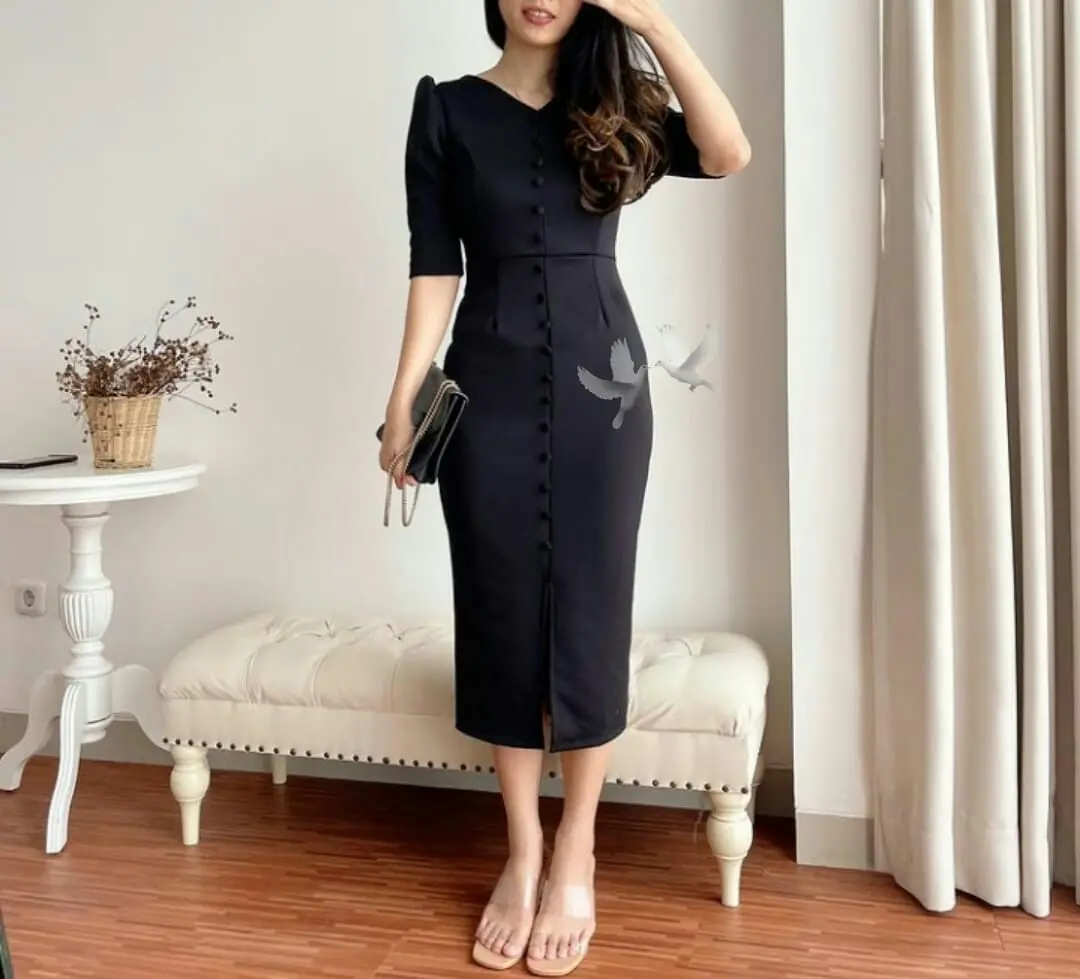 Dress Wanita Scuba Hany Polos dengan Kancing Depan dan Sleting Belakang