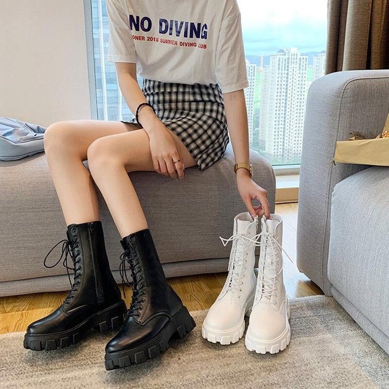  Giày Boot nữ đế  6cm cổ lửng da PU tổng 24cm phong cách cá tính Bốt 