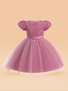 Girl's Colorblock Sequin Bow Back Short Sleeve Contrast Mesh Valentine's Day Party Dress, Cute Elegant Round Neck A Line Dress for Party Wedding Guest, Kids 2024 Trendy Shiny Spring & Summer Clothes, Summer Outfits 2024