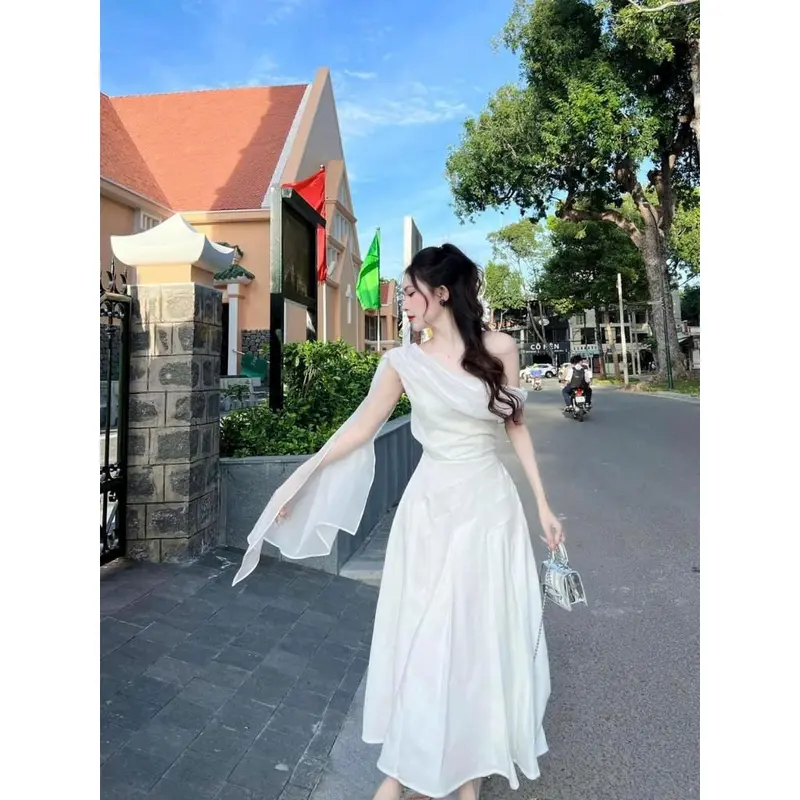 Đầm thời trang nữ dự tiệc sang trọng phối dây choàng cổ chất tapta cúp ngực không tay dáng váy dài xoè maxi sang chảnh 0