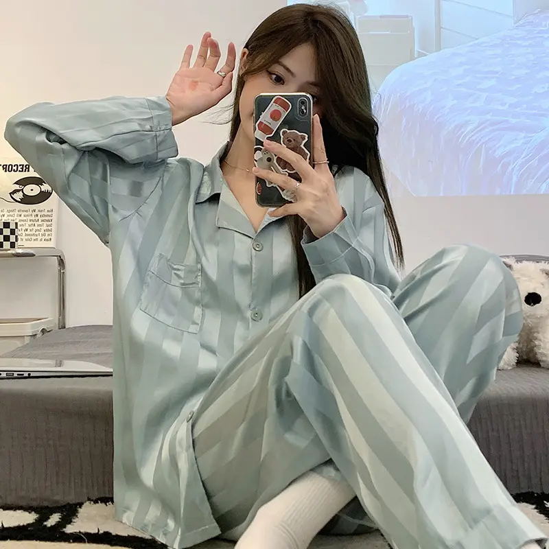 Spring and Autumn Pajamas Women's Summer Ice Silk Long Sleeve Suit Korean Version Student ins Sexy Large Size Thin Silk Loungewear Nightwear Womenswear Lingerie Homewear