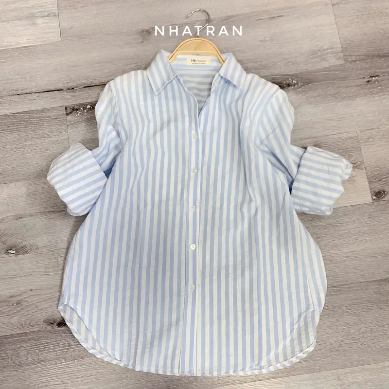 nhatran - Áo sơ mi nữ cổ bẻ tay dài sọc kẻ phom vừa Top Women Pastel SOC 1