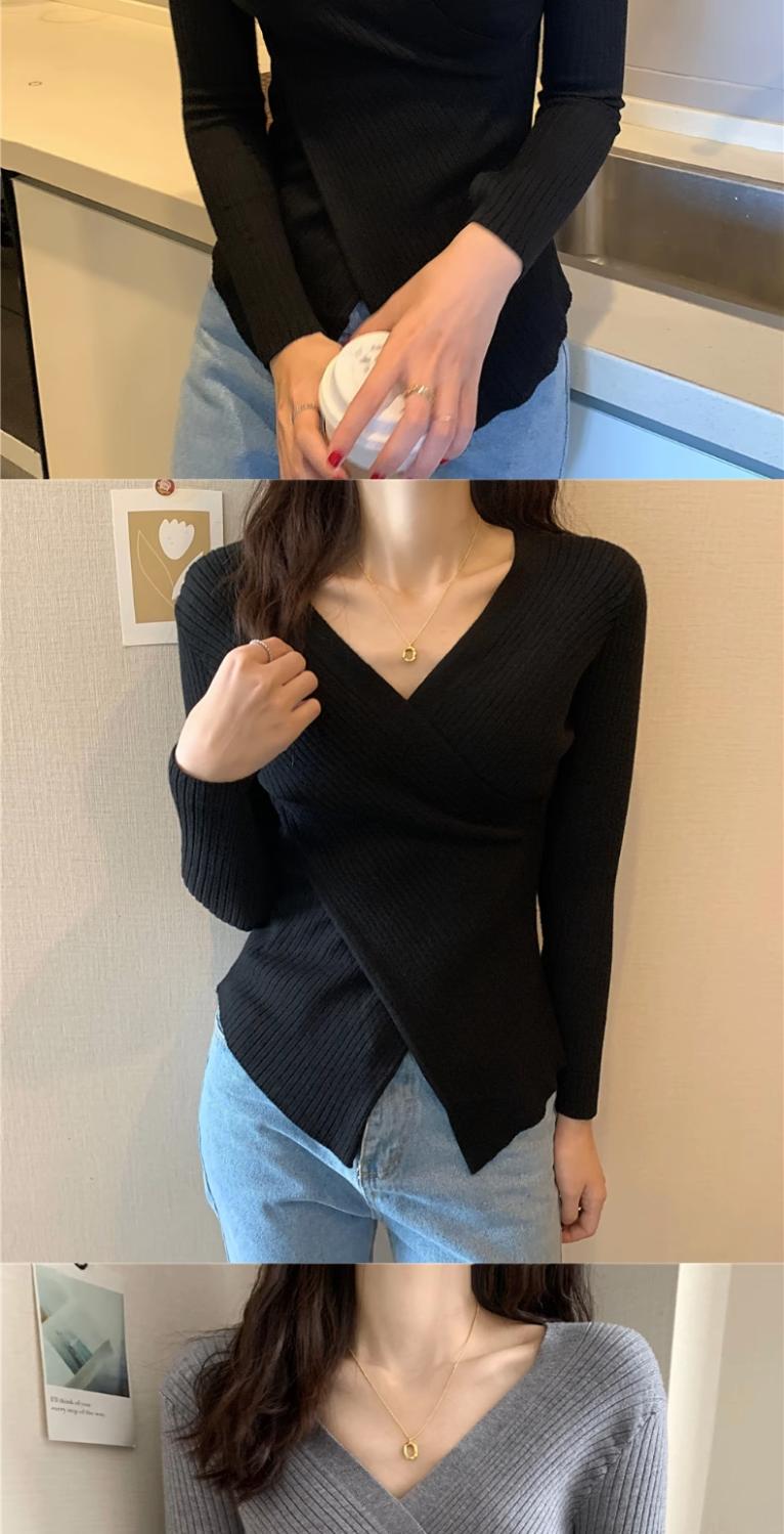 Product Introduction of 2025 Spring and Autumn New Design Sense V-neck Slim Knit Bottoming Shirt Cross Long Sleeves Sweater Outerwear Top Tide 11