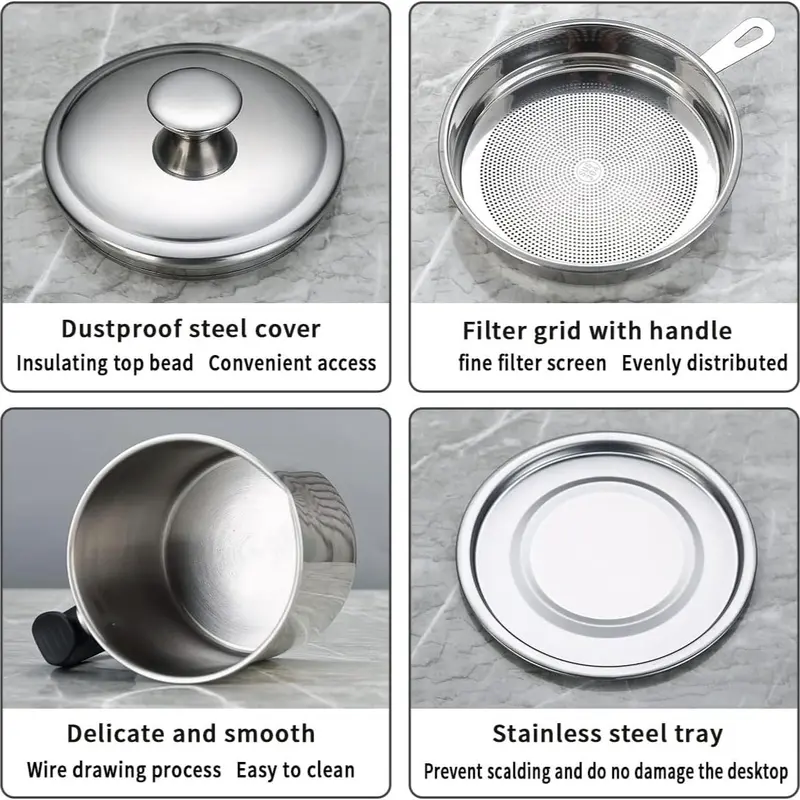 Stainless Steel Oil Pot with Filter, Kitchen Oil Dispenser with Tray & Lid, Bacon Grease Container, Cooking Oil Can, Home Kitchenware 4