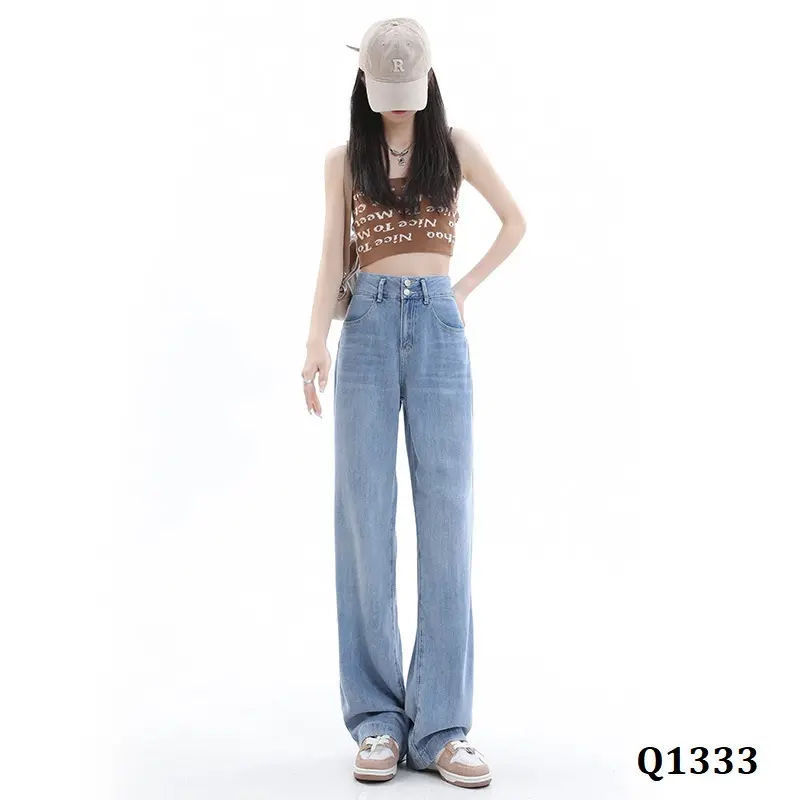 Q1333-95cm- Kisuhi Quần jean  Suông Tencel Mềm Mại Thoáng Mát Nữ Women Pants Ong 2