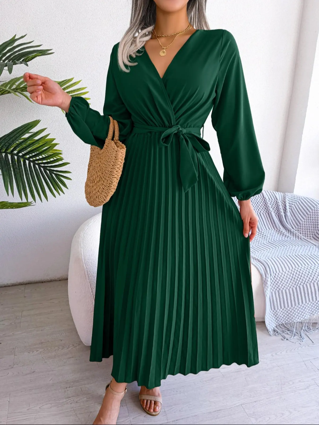Women's Plain Wrap V Neck Belted Pleated Dress, Casual Bishop Sleeve A Line Long Dress for Beach Holiday Vacation, Ladies Clothes for All Seasons, Dresses for Women