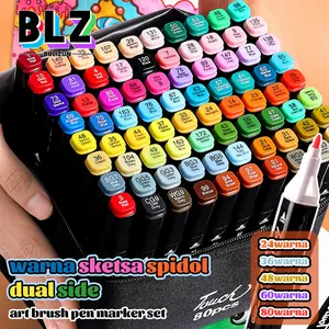 BOLIZUN 2 in 1 Spidol dan Stabilo Touch  Isi 24/36/48/60/80 Warna Dual Side Fine Art Brush Pen Sketsa