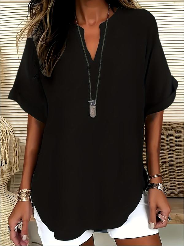 【Plus Size】 Solid Notched Neck Blouses, Casual Top for Summer, Women's Clothing for Daily Wear 5