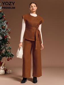 YOZY Women's Solid Color Belted Button Front Top & Plain Tee & Pocket Pants Set, Casual Sleeveless Top & Mock Neck Tee & Wide Leg Trousers Set for Spring & Fall, Women's Clothes for Daily Wear