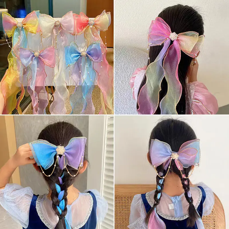 Girls' Bow Hair Accessories Hair Clips Children's Braided Hair Ornaments Clips Little Girls Korean Ponytail Ribbon Internet Celebrity Hair Clips