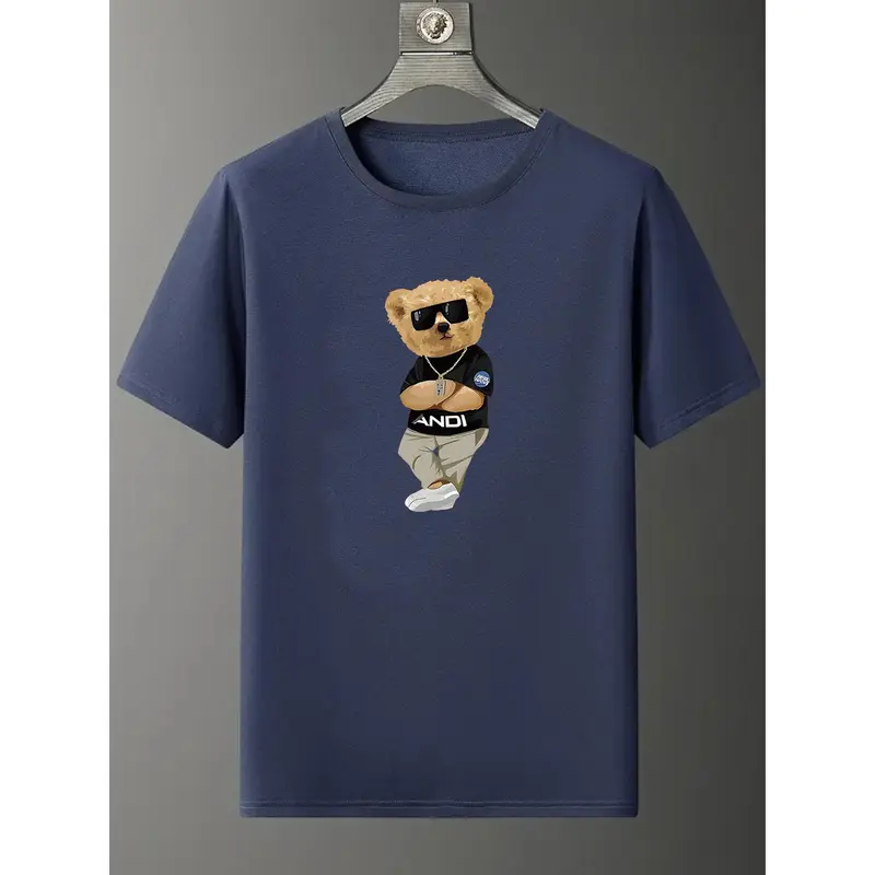 Kaos Penunjuk Arah Creative Cartoon Bear Graphic Print Crew Neck Short Sleeve T-shirt For Men, Breathable Comfy Summer Tops For Daily Wear Work Out And Vacation Resorts kaos  penunjuk 3