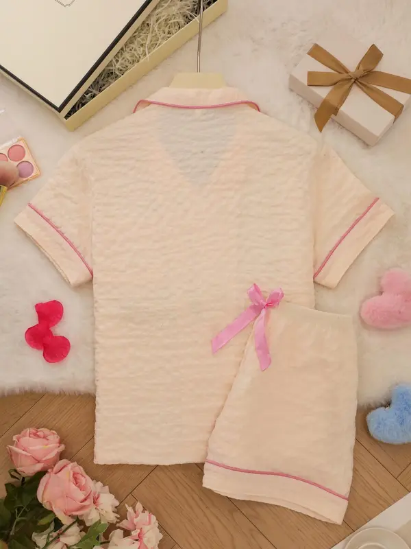 Women's Solid Color Short Sleeve Top & Shorts Pajama Two-piece Set, Casual Comfy Shirt & Shorts PJ Set, Ladies Summer Sleepwear, Loungewear 5