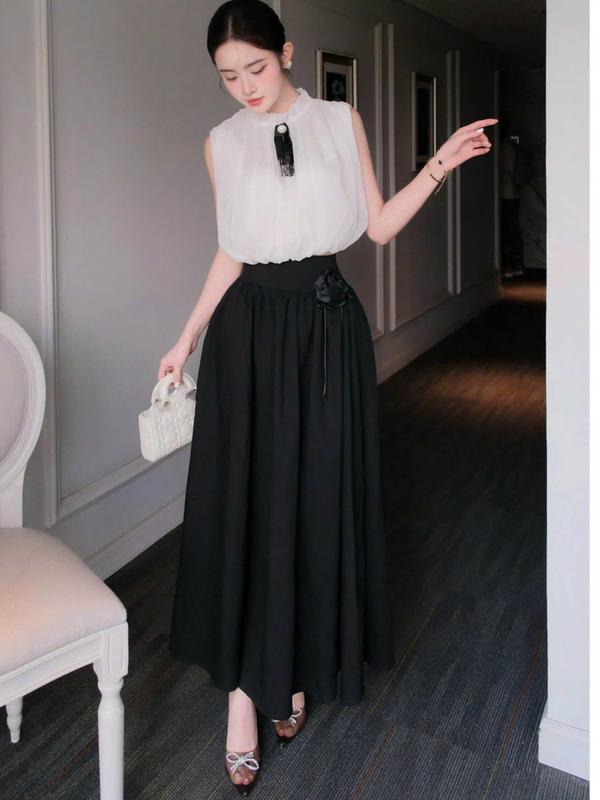 A26 - Set Váy Dáng Dài Mix Áo Tơ Kèm Tag Nơ Cổ Và Tag Hoa - LYNA