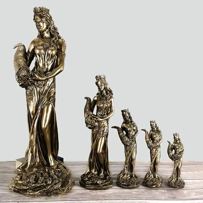 L#2212 Blindfolded Fortuna Statue Ancient Greek Roman Goddess of Fortune Vintage Golden Luck Sculpture Luck Decorations for Home Gift Ornaments Antique
