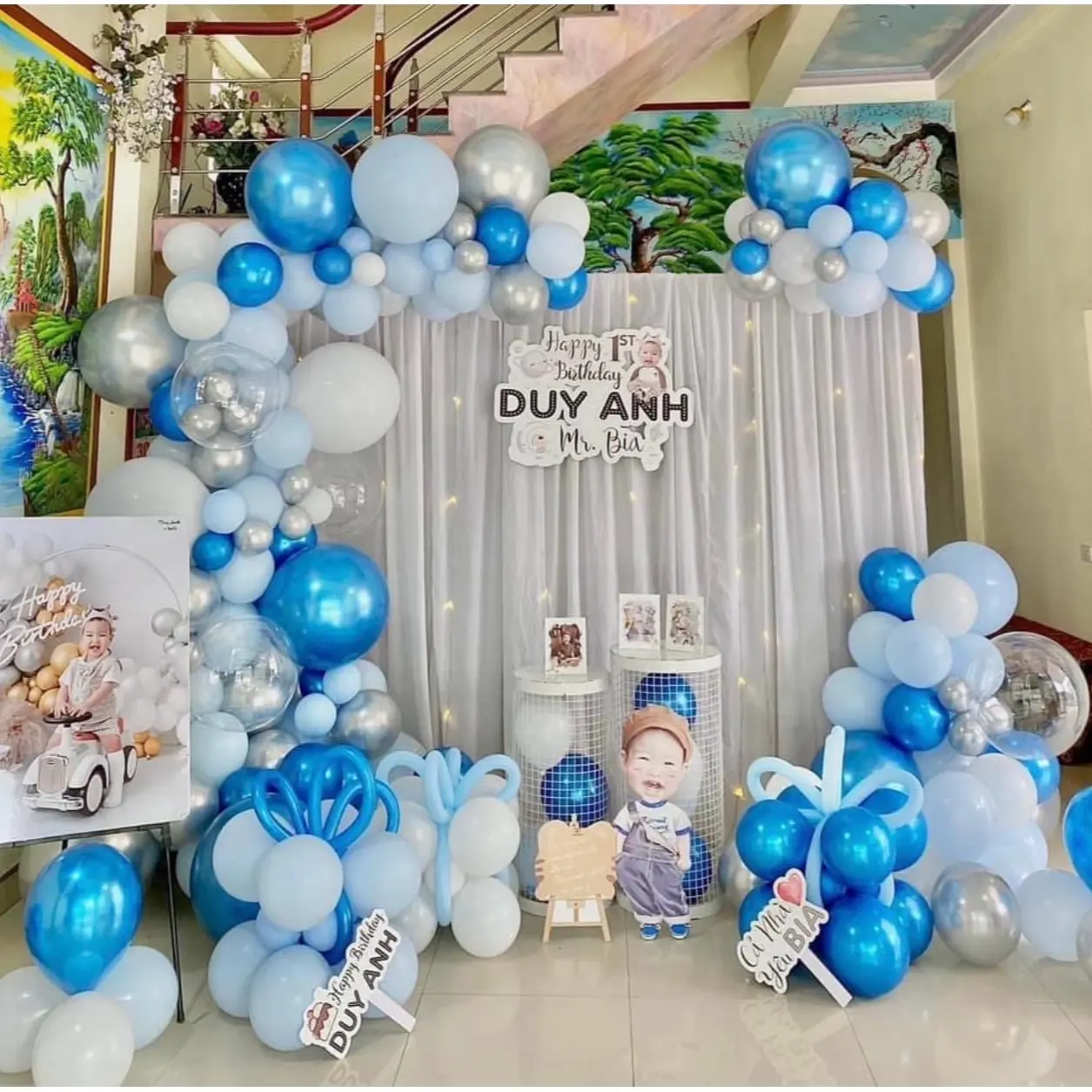 Trang Trí Sinh Nhật kèm Bảng Tên, 2 rèm, bóng bay tặng bơm dây kết bóng Sinh nhật Nhiều màu sắc