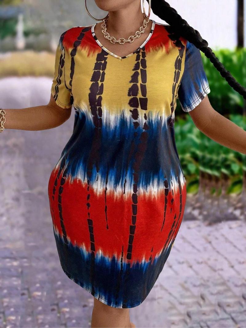 Product Introduction of Women's Plus Size Tie Dye Print Round Neck Tee Dress, Elegant Short Sleeve Crew Neck Dress for Summer, Fashion Women Plus Clothing for Daily Wear 3