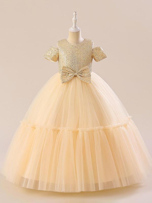 Girl's Contrast Sequin Bow Decor Tulle Dress, Elegant Round Neck Short Sleeve Fit & Flare Dress for Party, Kids Clothes for All Seasons 0
