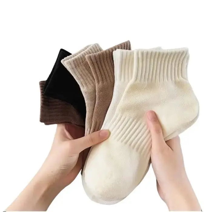 (KK11) Kaos Kaki Wanita Murah Solid Color Sekolah Kantor (Women Socks) Brown Casual Katun Cream Spandex Simple Nyaman Pendek