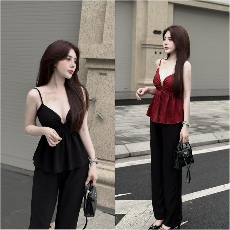 Sét bộ hai dây quần dài thương hiệu Vic khoen đính đá mạ vàng chất lụa gấm tơ hai da mặc nhà đi chơi đều xinh vải mát mịn thấm hút- có mút women nữ Nhung Áo