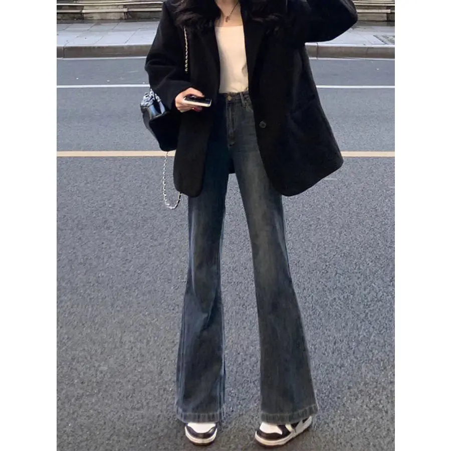 Quần Jean ống loe xanh lưng cạp cao phong cách Hàn Quốc S44 Nữ Women Denim Pants