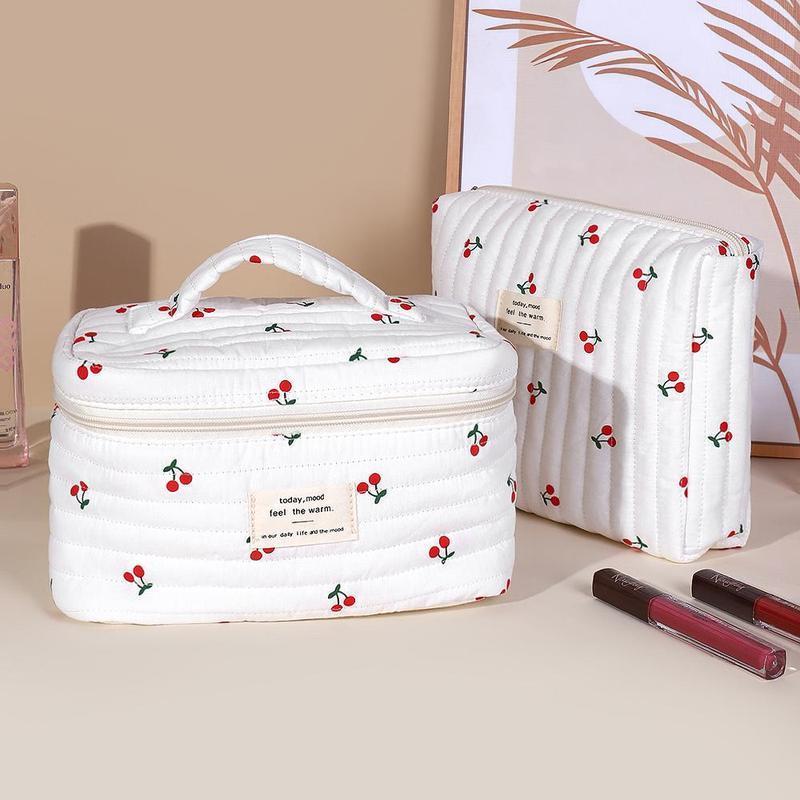 Cherry Pattern Quilted Makeup Storage Bag Set, 3 Counts/set Large Capacity Cosmetic Storage Bag, Zipper Makeup Organizer Pouch for Skincare, Lotion, Cream, Makeup Tool 7