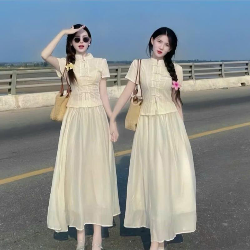 Set dồ nữ áo cổ trụ nút tàu kèm váy dài  voan 2 lớp xinh xắn cho các nàng đi chơi Women Dress vaytet