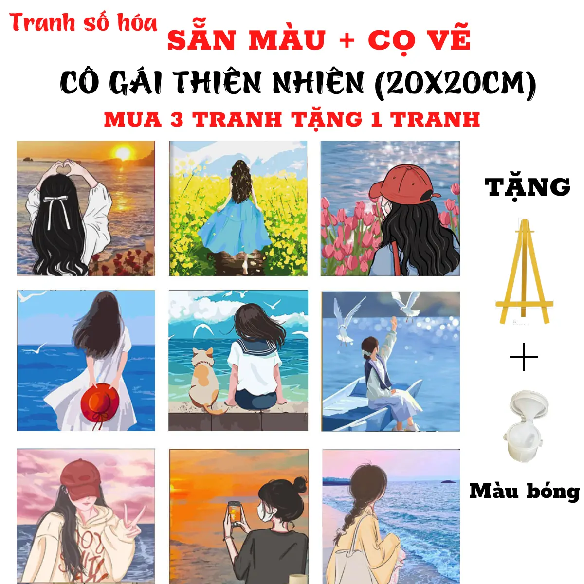 Tranh tô màu theo số họa tiết CÔ GÁI THIÊN NHIÊN có sẵn khung kích cỡ 20x20cm, Mua 1 tranh Tặng 1 kệ để tranh, 1 màu bóng, màu tô, cọ vẽ, móc treo tranh, mua 3 tranh tặng 1 tranh, tặng 4 kệ gỗ, 4 màu bóng Diy
