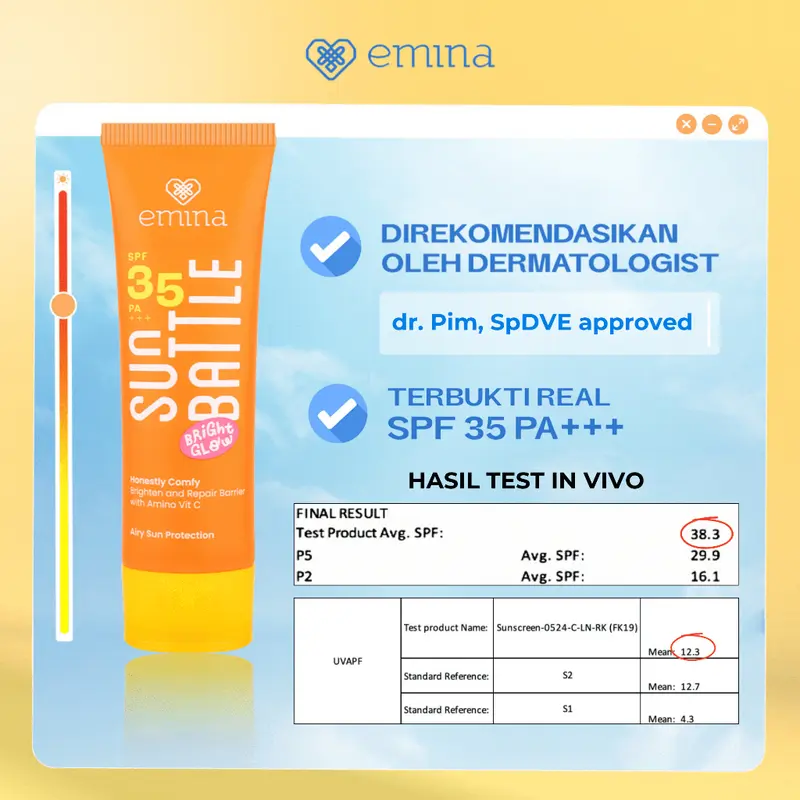 Emina Sun Battle Bright Glow SPF 35 PA+++ - Sunscreen Serum Amino Vitamin C - Cerah, Ringan, Hydrating [Teruji In Vivo] Non acnegenic & Non Comedogenic. Cocok semua jenis kulit Facial Wajah Perawatan Acid 2